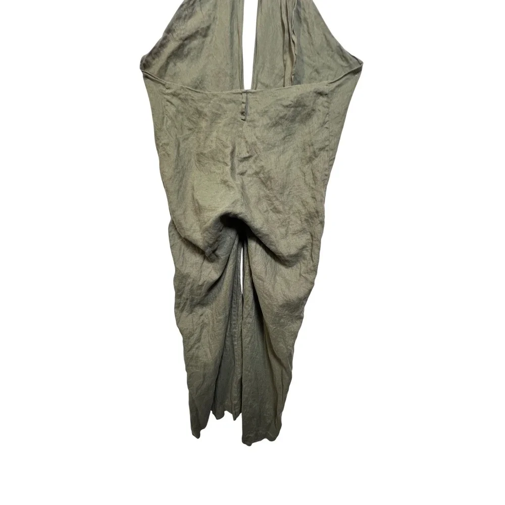 Zara‎ Womens Olive Green 100% Linen Halter Wide Leg Jumpsuit Size Medium